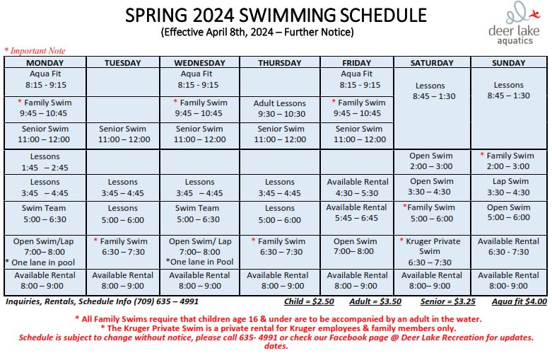 Pool Schedule Deer Lake Recreation